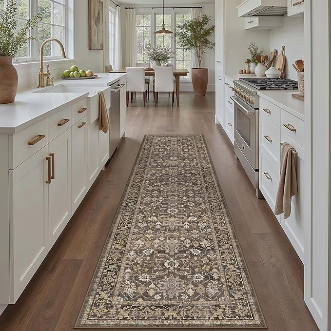 2x8 Brown Washable Vintage Runner Rug for Living Room Long Floral Non Slip Runner Area Rug Modern Low Pile Stain Resistance Carpet Doormat Hallway Kitchen Stair Bedroom Bathroom