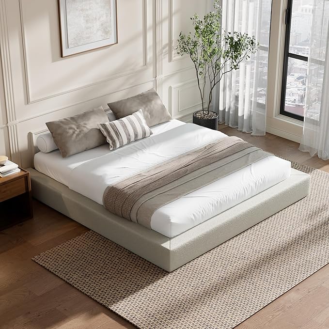 RECCI AirFrame King Size Bed Frame, Cloud Upholstered Platform Bed Frame, 5 Inch Fully Boxy Foam Cushioned, Square Shape Base, No Box Spring Needed, Easy Assembly | Cream Boucle, Soft Low-Profile