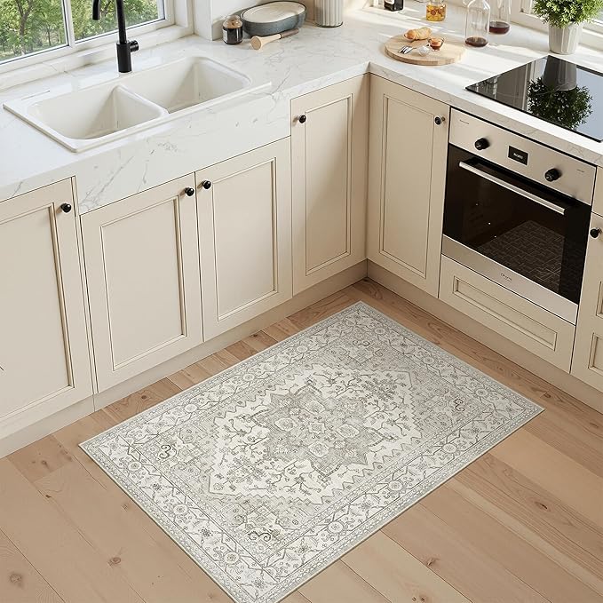 2x3 Entryway Area Rug - Neutral Washable Rugs for Dining Room Kitchen Rug Vintage Soft Floor Mat Non Slip Indoor Farmhouse Carpet for Bathroom Bedroom (Beige)
