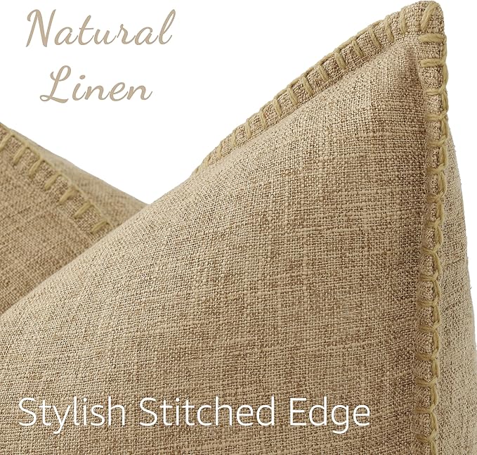 decorUhome Summer Decorative Throw Pillow Covers 24x24 Set of 2 Square Faux Linen Farmhouse Euro Sham Pillow Covers with Stitched Edge Outdoor Neutral Pillow Covers for Couch Sofa Living Room, Khaki