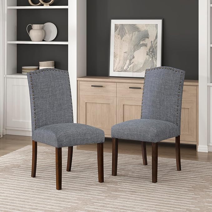 Lexicon Upholstered Dining Chairs Set of 2 - Soft Durable Fabric Armless Arched Back Kitchen Modern Dining Room Chairs for 2, Nailhead Trim Side, Brown Sturdy Wooden Frame, Easy Assembly, Gray