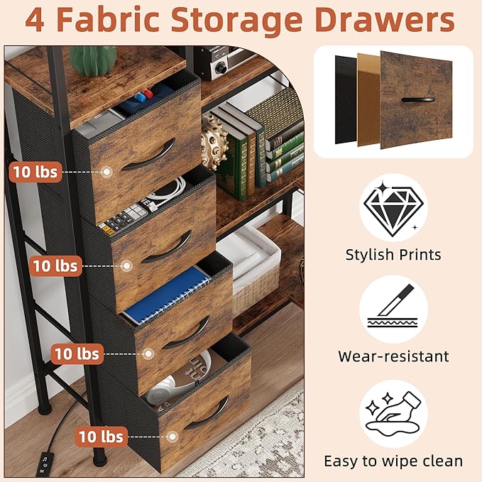 AFLUI Corner Bookshelf with LED Light Strips & 4 Fabric Drawers, 5-Tier Convertible Corner Shelf with Display Shelf, Large Wood Industrial Bookcase for Living Room, Bedroom, Home Office, Rustic Brown