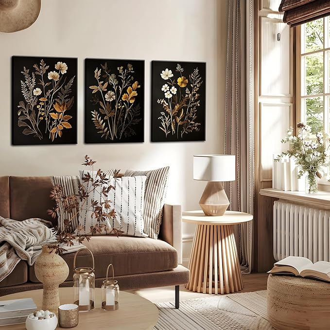 Vintage Black Flower Wall Art Decor Set of 3, Beautiful Wildflower Botanical Canvas Prints, Dark Academia Fall Floral Poster Painting Picture for Bedroom Living Room 12x16 Inch Framed