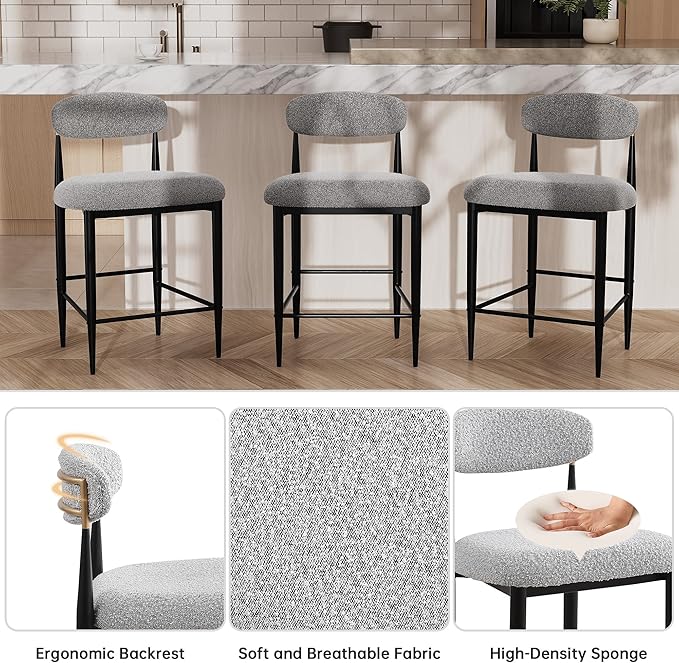 Morden Fort Counter Height Bar Stools Set of 4, Modern Upholstered Counter Stools with Black Metal Legs, Boucle Island Chairs for Kitchen, Dining Room and Bar