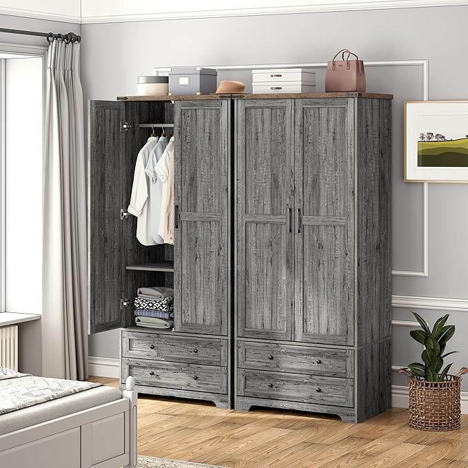 Brafab Armoire Wardrobe Closet with 2 Modern Doors Set of 2, 71" Tall Freestanding Closet Wardrobe Cabinet with Drawers and Hanging Rail, Light Wooden Storage Cabinet with Shelve for Bedroom, Grey
