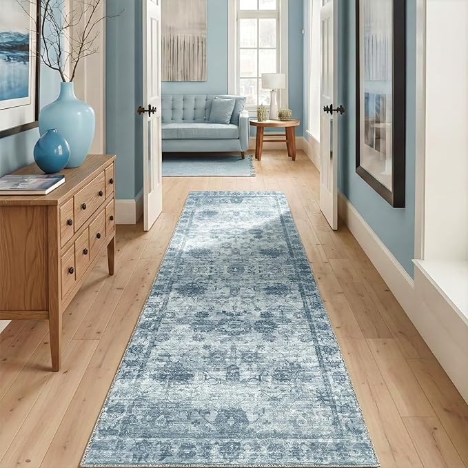 Homemate Washable Rug 2x6 Area Rugs - Vintage Faux Wool Rugs for Living Room Bedroom Dining Room - Non Slip Foldable Carpet Indoor Area Rug for Home Decor（2'x6', Blue