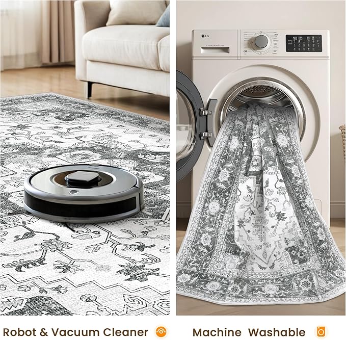 Washable 6x9 Area Rug,Vintage Floral Area Rugs with Non Slip Backing Stain Resistant Grey Carpet for Bedroom Dining Room Indoor Soft Carpets Home Decor(6x9,Grey)