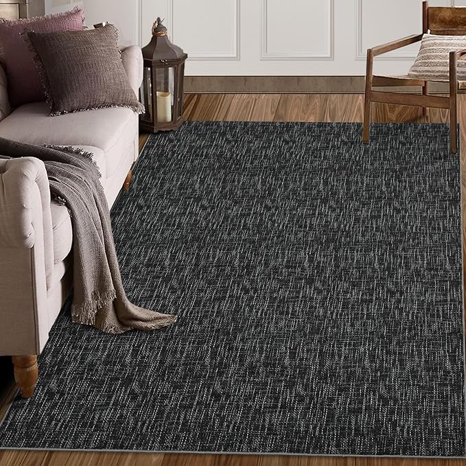 RUGSREAL Bedroom Area Rug 4x6 Modern Abstract Area Rug Stain Resistant Small Living Room Rug Contemporary Dining Room Rug Non-Slip Solid Rug Aesthetic Accent Floor Carpet for Kitchen Office, Black