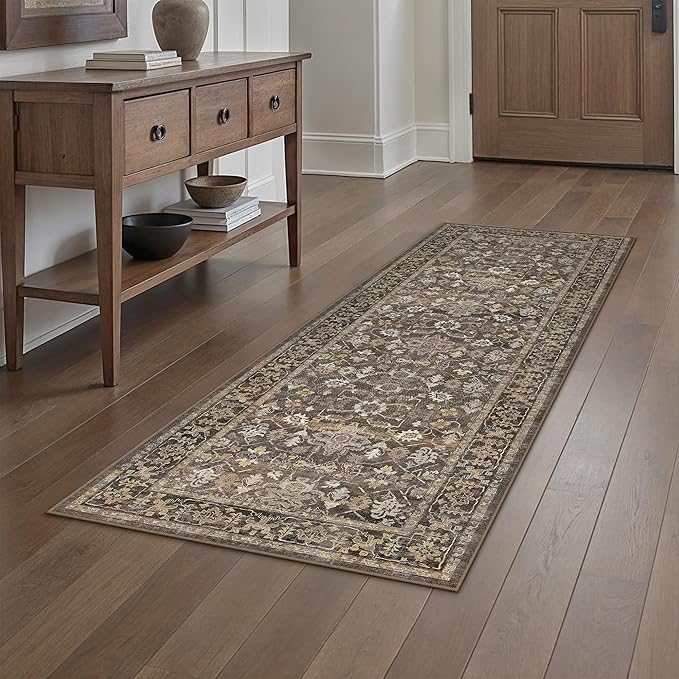 2x6 Brown Washable Vintage Runner Rug for Living Room Soft Floral Non Slip Runner Area Rug Modern Low Pile Stain Resistance Carpet Doormat Hallway Kitchen Stair Bedroom Bathroom