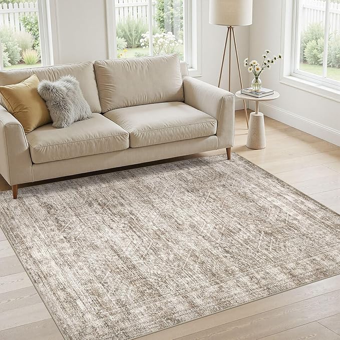 cotiled Large Area Rugs for Living Room, Machine Washable Rugs with Non Slip Backing Modern Neutral Abstract Rugs Stain Resistant Distressed Carpets for Home Office Decor (4x6 Dark Brown)