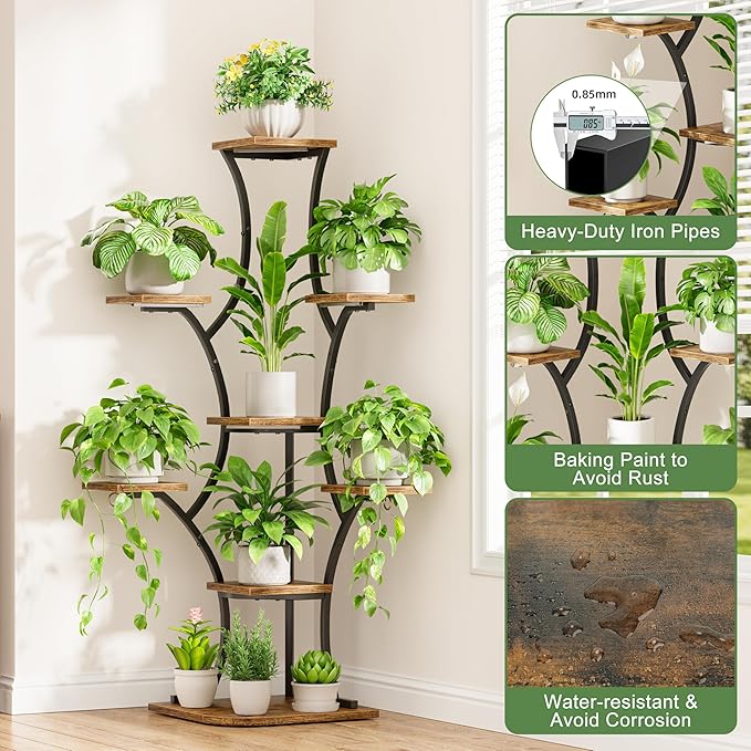 Corner Plant Stand With Grow Lights - 52.7" Indoor Plant Stand, Corner Plant Shelf For Indoor Plants, 8 Tiered Lighted Flower Holder, Tall Display Rack For Living Room, Hallway, Home, Black & Brown