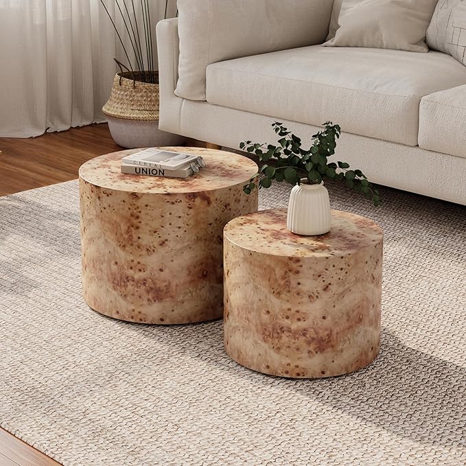 WILLIAMSPACE 18.9" Round Nesting Coffee Table Set of 2, Modern Wooden Coffee Tables Small Circle Center Table for Living Room, Accent End Table Set, No Assembling (Natural Burl)