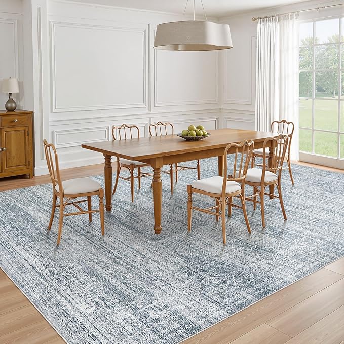 Nakagishi Area Rugs 9x12 Living Room: Washable Large Vintage Blue Rug Neutral Non-Slip Soft Stain Resistant Indoor Carpet for Bedroom Nursery Dining Room Under Table Bed Home House Office Playroom