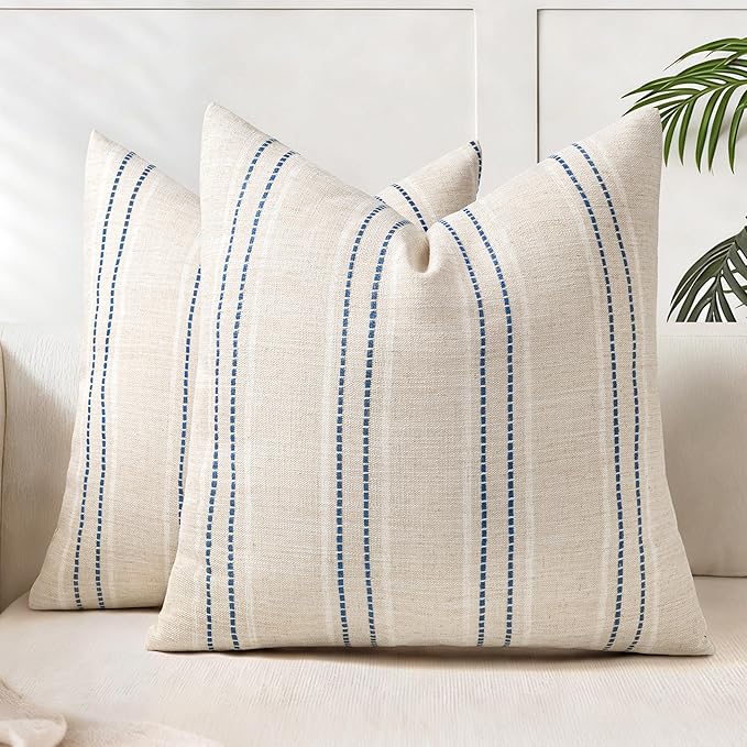 AELS 16x16 Decorative Farmhouse Linen Blend Throw Pillow Covers, Boho Textured Pillow Case, Set of 2, Beige with White & Navy Blue Stitch Yarn Dyed Stripe Cushion Cover for Living Room (Cover ONLY)
