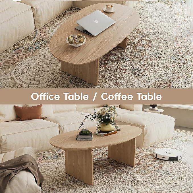 Honyee Oval Coffee Table, 47.2" Wood Coffee Table for Living Room, Modern Wooden Center Table with Solid Wood Veneer Legs, Sturdy Rounded Edge Design, Easy Assembly, Apartment Friendly, Natural