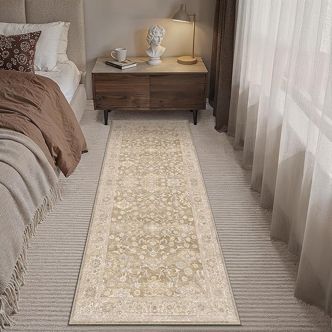 2x6 Taupe Washable Runner Rug for Living Room Bedroom Neutral Soft Floral Non Slip Runner Rug Lightweight Vintage Low Pile Distressed Runner Kitchen Hallway Porch Beside Bed Bathroom