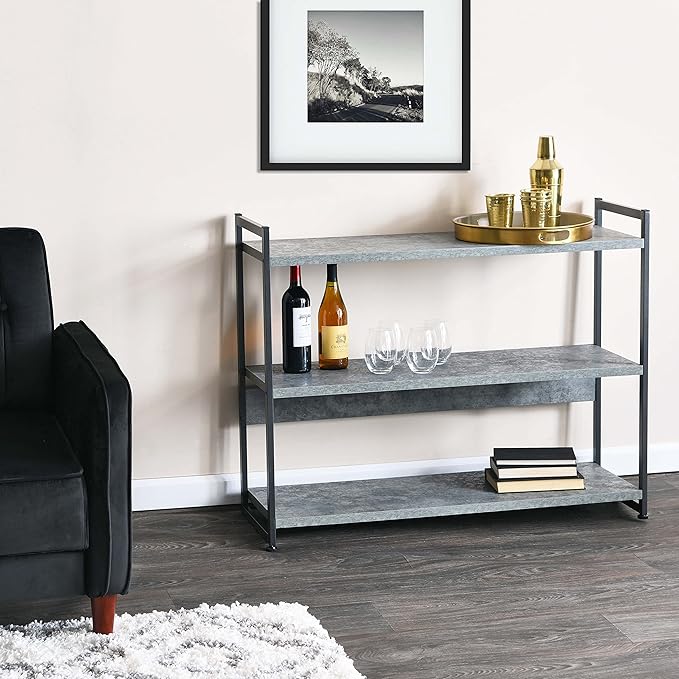 Household Essentials Jamestown Wide 3 Shelf Open Storage Bookshelf Rustic Slate Concrete and Black Metal