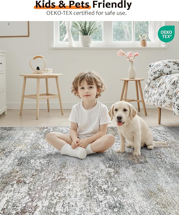 Art&Tuft Washable Rugs 8x10 - Stain Resistant Abstract Large Area Rugs for Living Room, 8x10 Area Rugs with Anti-Slip Backing, Foldable Machine Washable Area Rug(8'x10', Grey/Rust)