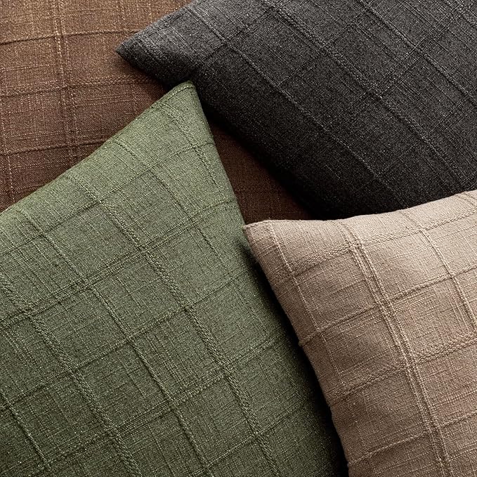 Foindtower Set of 2 Decorative Linen Check Throw Pillow Covers Neutral Farmhouse Vintage Cushion Covers Modern Boho Home Decor for Sofa Chair Couch Bedroom Living Room,18×18 Inch,Olive Green