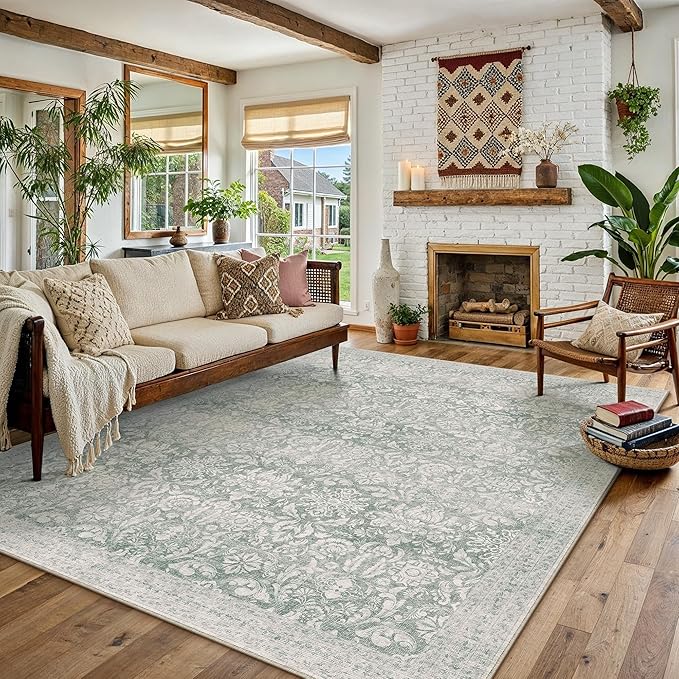 PureCozy Green 5x7 Area Rug Washable Vintage Living Room Bedroom Carpet Indoor Non Slip Soft Low Pile Thin Rug Retro Accent Throw Office Dining Room