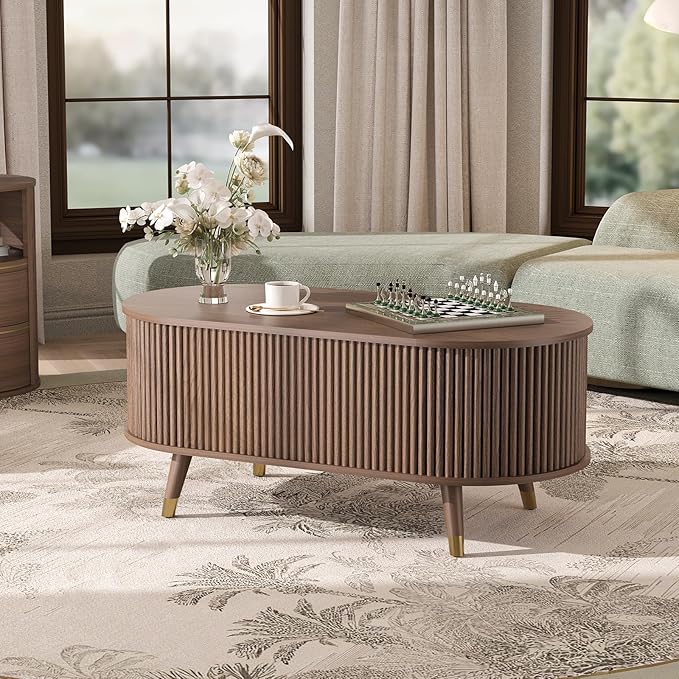 JOINICE 42.5" Oval Lift Top Coffee Table with Storage, Mid Century Modern Walnut Center Table with Fluted Design, Solid Wood Legs & Hidden Compartment, Pop Up Coffee Table for Living Room