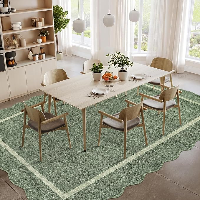 GarveeHome Scalloped Washable Area Rug 8x10 Rug for Living Room Modern Rug Non Slip Throw Rugs Large Rugs for Bedroom Low Pile Non Shedding Stain Resistant Carpet for Dining Room 8'x10' Greyish Green