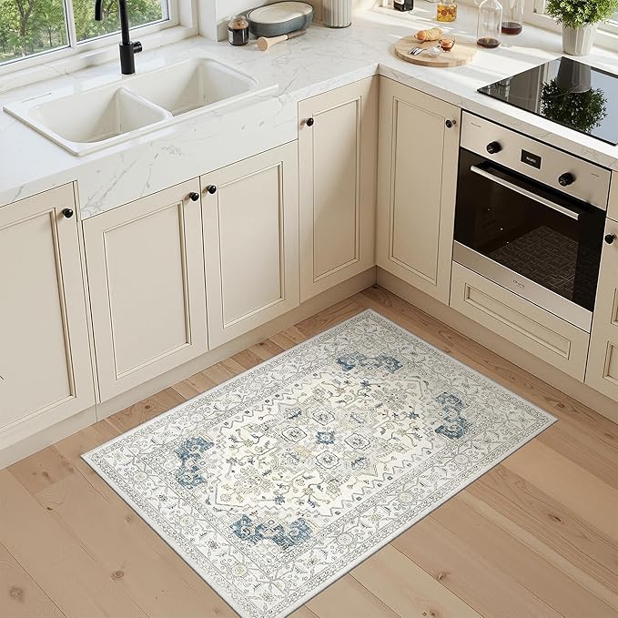 2x3 Entryway Area Rug - Neutral Washable Rugs for Dining Room Kitchen Rug Vintage Soft Floor Mat Non Slip Indoor Farmhouse Carpet for Bathroom Bedroom(BeigeBlue)