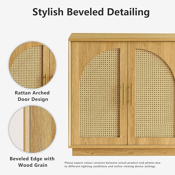 FORTUNETEC Sideboard Buffet Cabinet with Storage, 31.5" Modern Accent Cabinet with Rattan Arched Doors, Modular Media Console, Boho Credenza for Living Room Kitchen Dining Room Entryway, Oak