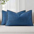decorUhome Summer Decorative Throw Pillow Covers 12x20 Set of 2 Lumbar Faux Linen Outdoor Neutral Farmhouse Pillow Covers with Stitched Edge for Couch Sofa Living Room, Dark Blue