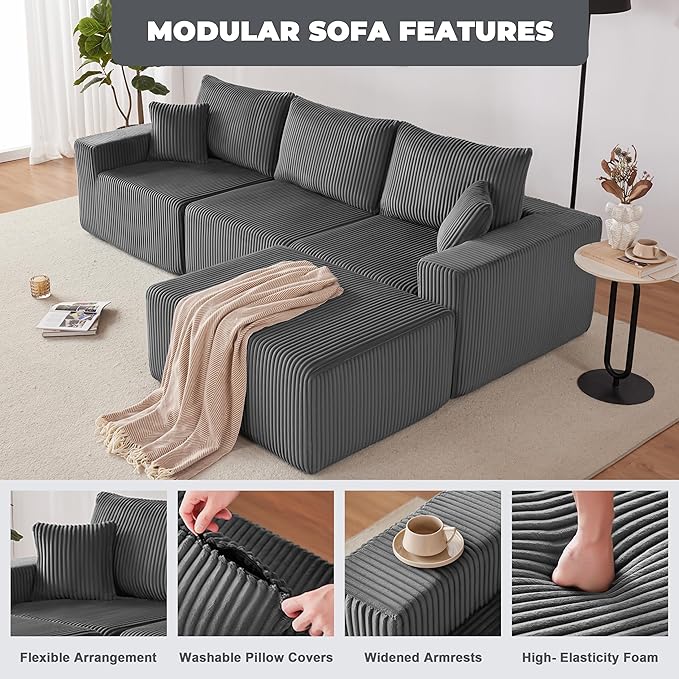 Weture 107" Modular Sectional Sofa, L-Shaped Boneless Couch with Deep Seat, Cozy Cloud Couch Sectional with Convertible Ottoman, Modern Sectional Couches for Living Room, No Assembly, Darkgray