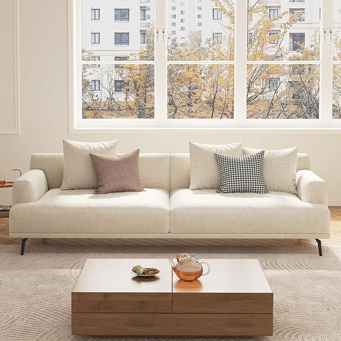 3-Seater Living Room Sofa - Modern Leisure Modular Sofa with Wooden Frame and Metal Legs, Soft Cotton-Linen Fabric, Easy to Install, Suitable for Office, Apartment, and Living Room, Grey, 82.6"