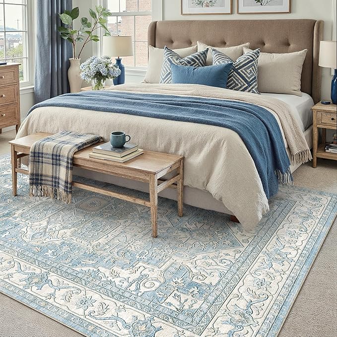 8x10 Washable Vintage Area Rug Blue Oriental Living Room Bedroom Throw Rug Neutral Non Slip Soft Low Pile Carpet for Dining Room Office Nursery Indoor