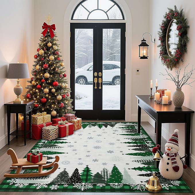 Garvee Washable Rugs for Living Room 8x10 Large Christmas Rugs Mats with Xmas Tree Snowflake Pattern, Foldable Plaid Accent Rug, Soft Low Pile Indoor Carpet for Bedroom, Office, Green