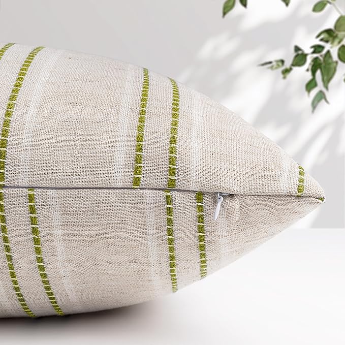 AELS 20x20 Decorative Farmhouse Linen Throw Pillow Covers, Boho Textured Pillow Case, Set of 2, Beige with White & Green Stitch Yarn Dyed Stripe Cushion Cover for Sofa Couch Living Room (Cover ONLY)