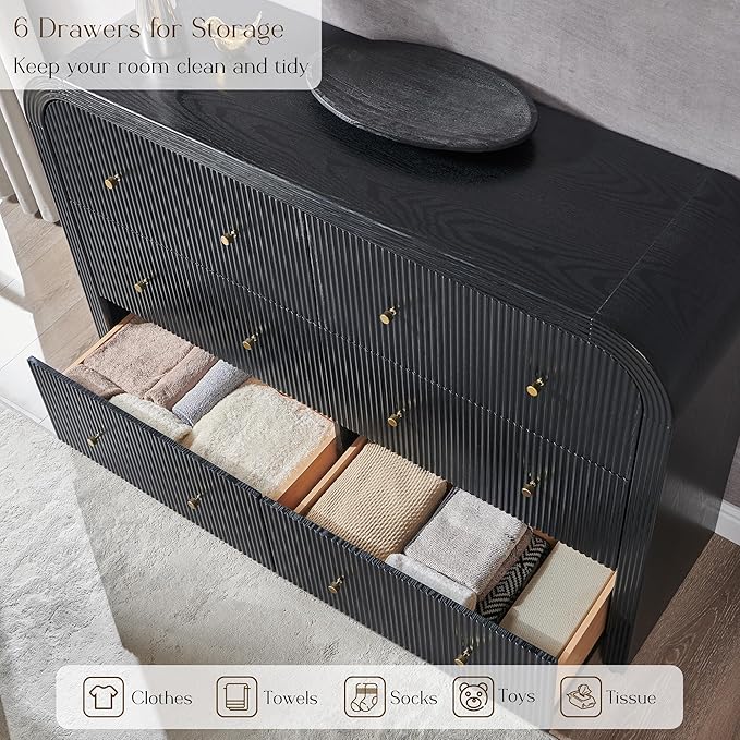 T4TREAM Fluted 6 Drawers Dresser for Bedroom, 54" Wide Modern Chest of Drawers with Thickened Curved Profile Design, Wood Dressers TV Stand for Bedroom, Living Room, Hallway, Black Oak