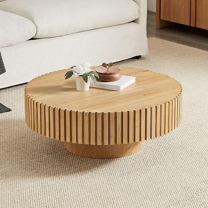 KEVINSPACE Round Coffee Table, 39" Big Wooden Fluted Coffee Table with Fluted Base, Circle Accent Center Table for Living Room Apartment Office Small Space, Easy Assembly, Wood