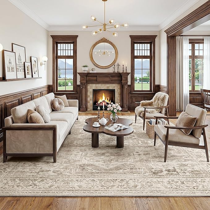 FMFUNCTEX 6x9 Washable Area Rug Brown Vintage Neutral Distressed Oriental Large Non Slip Carpet for Living Room Bedroom Soft Low Pile Indoor Mat Retro Throw Rug for Dining Room Kitchen Office Nursery