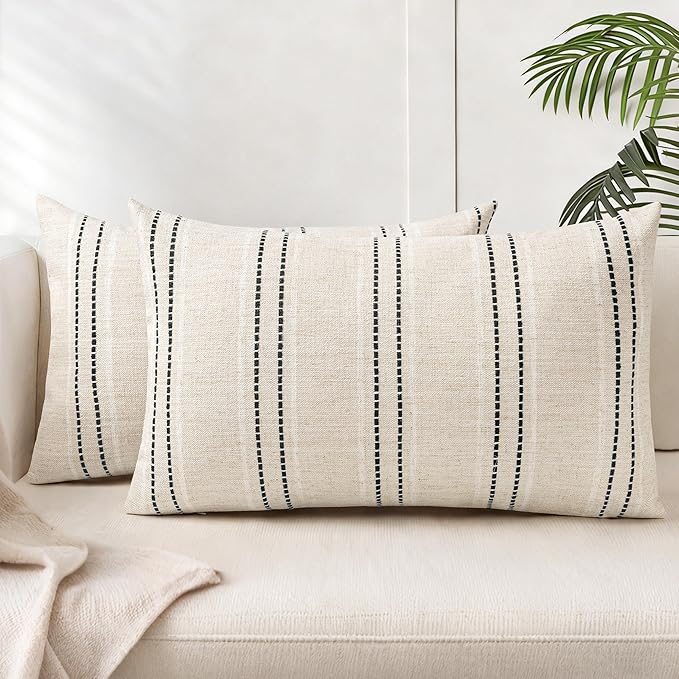 AELS 12x20 Decorative Farmhouse Linen Throw Pillow Covers, Boho Textured Pillow Case, Set of 2, Beige with White & Black Stitch Yarn Dyed Stripe Cushion Cover for Sofa Couch Living Room (Cover ONLY)
