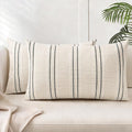 AELS 12x20 Decorative Farmhouse Linen Throw Pillow Covers, Boho Textured Pillow Case, Set of 2, Beige with White & Black Stitch Yarn Dyed Stripe Cushion Cover for Sofa Couch Living Room (Cover ONLY)