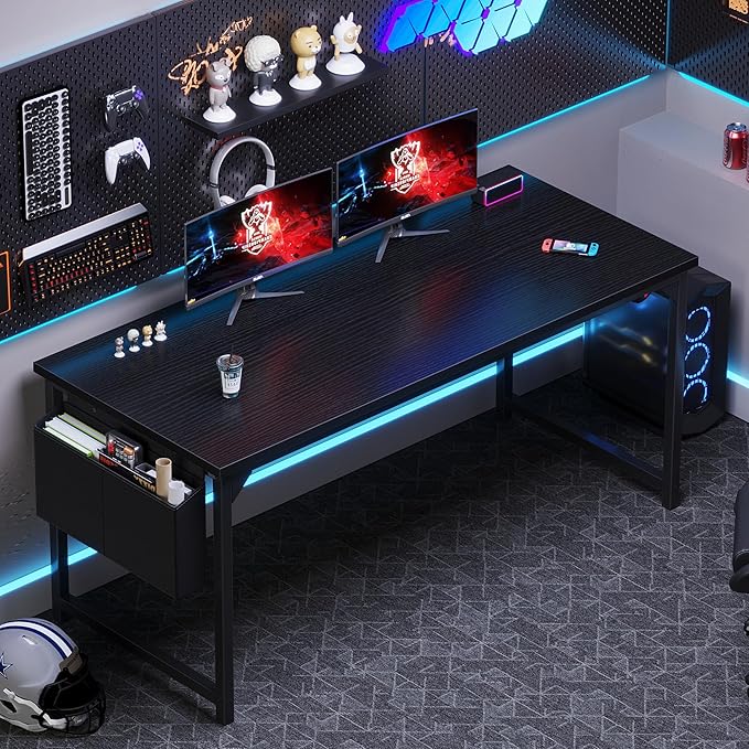 OLIXIS Computer Desk 55 Inch Home Office Desks for Small Spaces, Gaming Writing Study Work Table with Storage Bag and Headphone Hook for Bedroom, Black