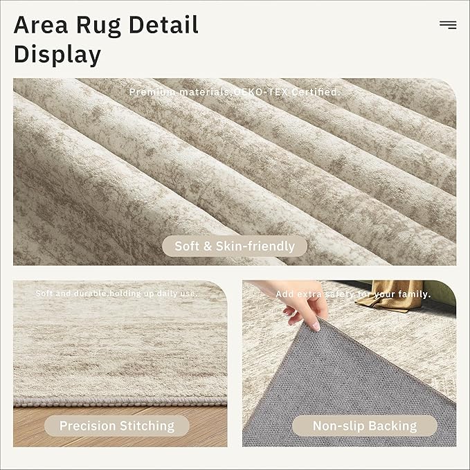 Soalmost 4x6 Area Rugs for Living Room, Vintage Washable Rugs for Dining Room, Bedroom, Home Office Decor, Non-Slip Beige Carpet Thin Rug