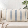 AELS 12x20 Decorative Farmhouse Linen Blend Throw Pillow Covers, Boho Textured Pillow Case, Set of 2, Beige with White & Navy Blue Stitch Yarn Dyed Stripe Cushion Cover for Living Room (Cover ONLY)