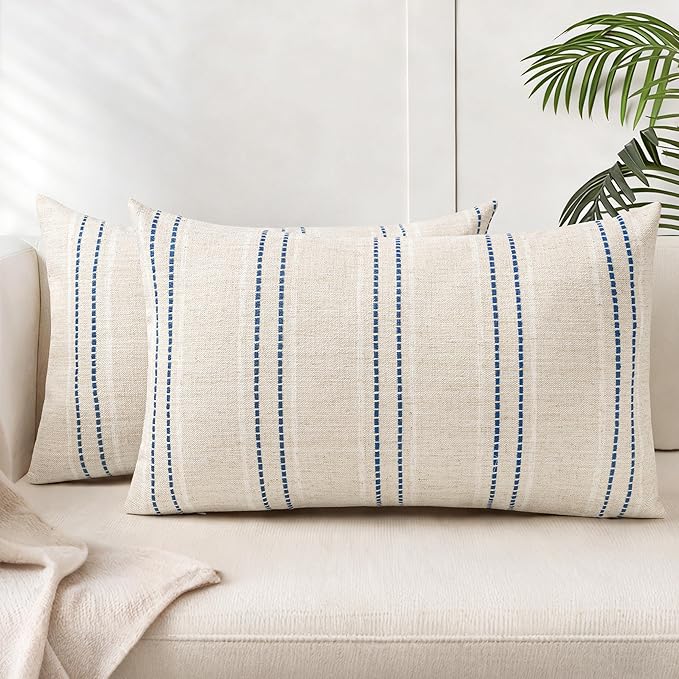 AELS 12x20 Decorative Farmhouse Linen Blend Throw Pillow Covers, Boho Textured Pillow Case, Set of 2, Beige with White & Navy Blue Stitch Yarn Dyed Stripe Cushion Cover for Living Room (Cover ONLY)