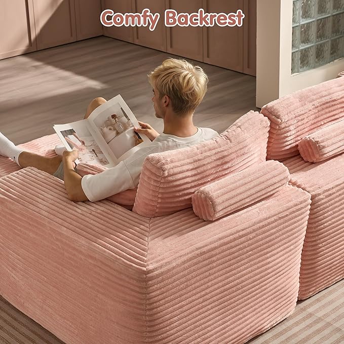 ovios 104" Cloud Boneless Couch with L-Shape Chaise,Modern Sectional Modular Sofa with Deep Seat, Upholstered Couches for Living Room Bedroom,No Assembly Required, Pink (Plush Corduroy Fabric)