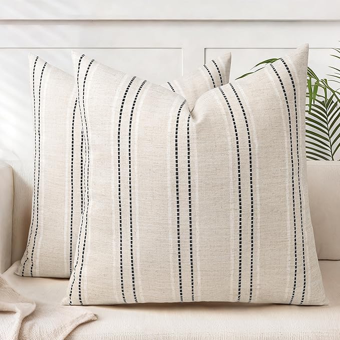 AELS 24x24 Decorative Farmhouse Linen Throw Pillow Covers, Boho Textured Pillow Case, Set of 2, Beige with White & Black Stitch Yarn Dyed Stripe Cushion Cover for Sofa Couch Living Room (Cover ONLY)