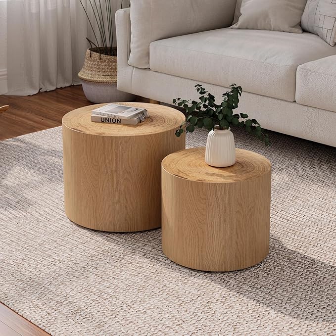 WILLIAMSPACE 18.9" Round Nesting Coffee Table Set of 2, Modern Wooden Coffee Tables Small Circle Center Table for Living Room, Accent End Table Set, No Assembling (Natural Wood)