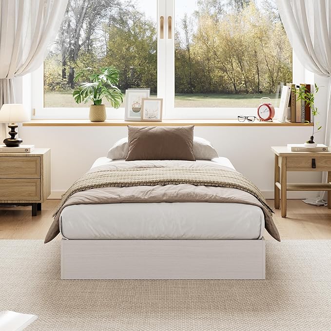Garvee Twin-XL Size Wood Platform Bed Frame, Floor-Standing No-Gap Design, Modern Minimalist No Headboard Bed Frame, Wood Slat Support, No Box Spring Needed, Easy Assembly, White