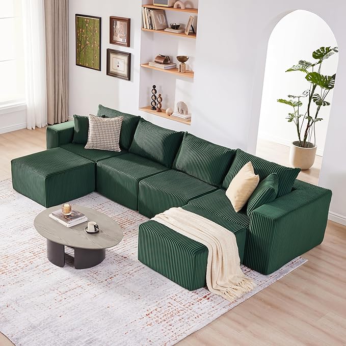 Weture 135.4" Cloud Couch Sectional, Modular Sectional Sofa with Deep Seat, Plush Corduroy U Shaped Boneless Couch, Convertible Sectional Couches for Living Room, 6Seat, Green