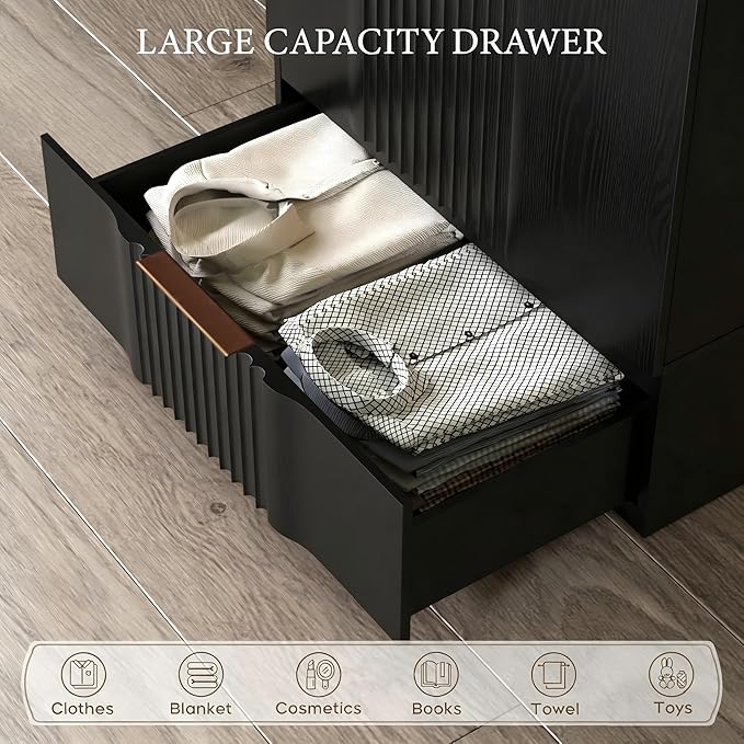Brafab 67" Fluted Armoire Wardrobe Closet with Drawers and Doors, Wooden Wardrobe Cabinet with Adjustable Shelves, Modern Storage for Clothes, Coats for Bedroom,Black (1 pcs)