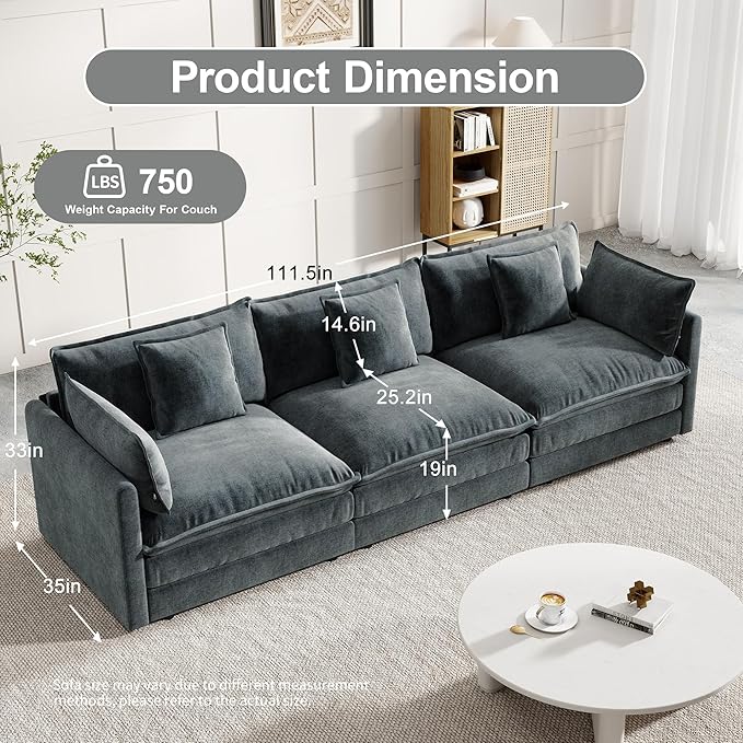 Modular Sectional Sofa, 111.5 Inch I-Shaped Cloud Sofa with Deep Seat Chenille Sofa with Cushions, Three-Self Sectional Sofa for Living Room Apartment,Gray